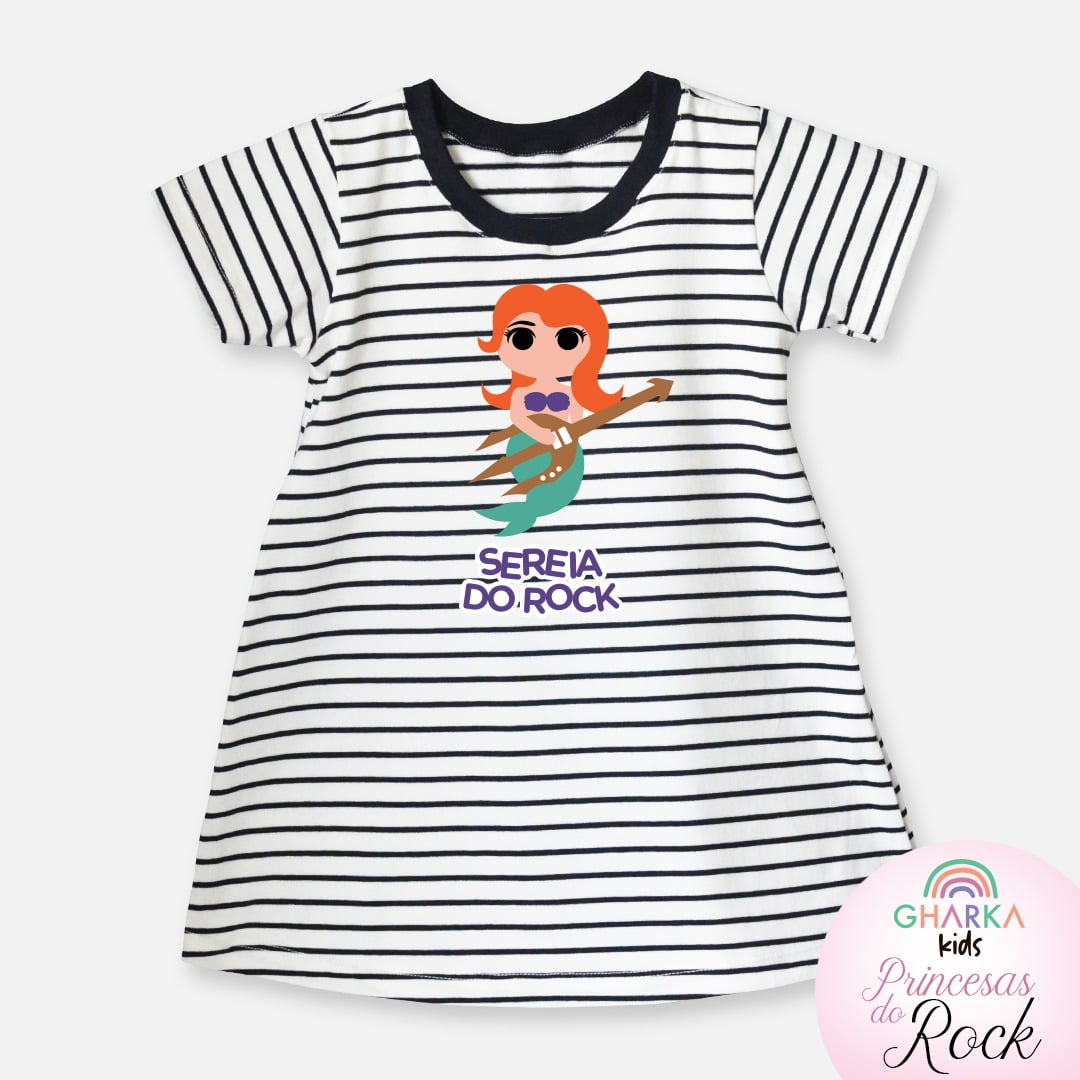 Vestido infantil listrado Sereia do Rock 