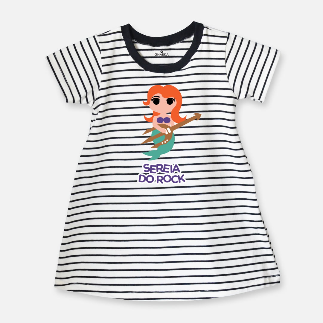 Vestido infantil listrado Sereia do Rock 